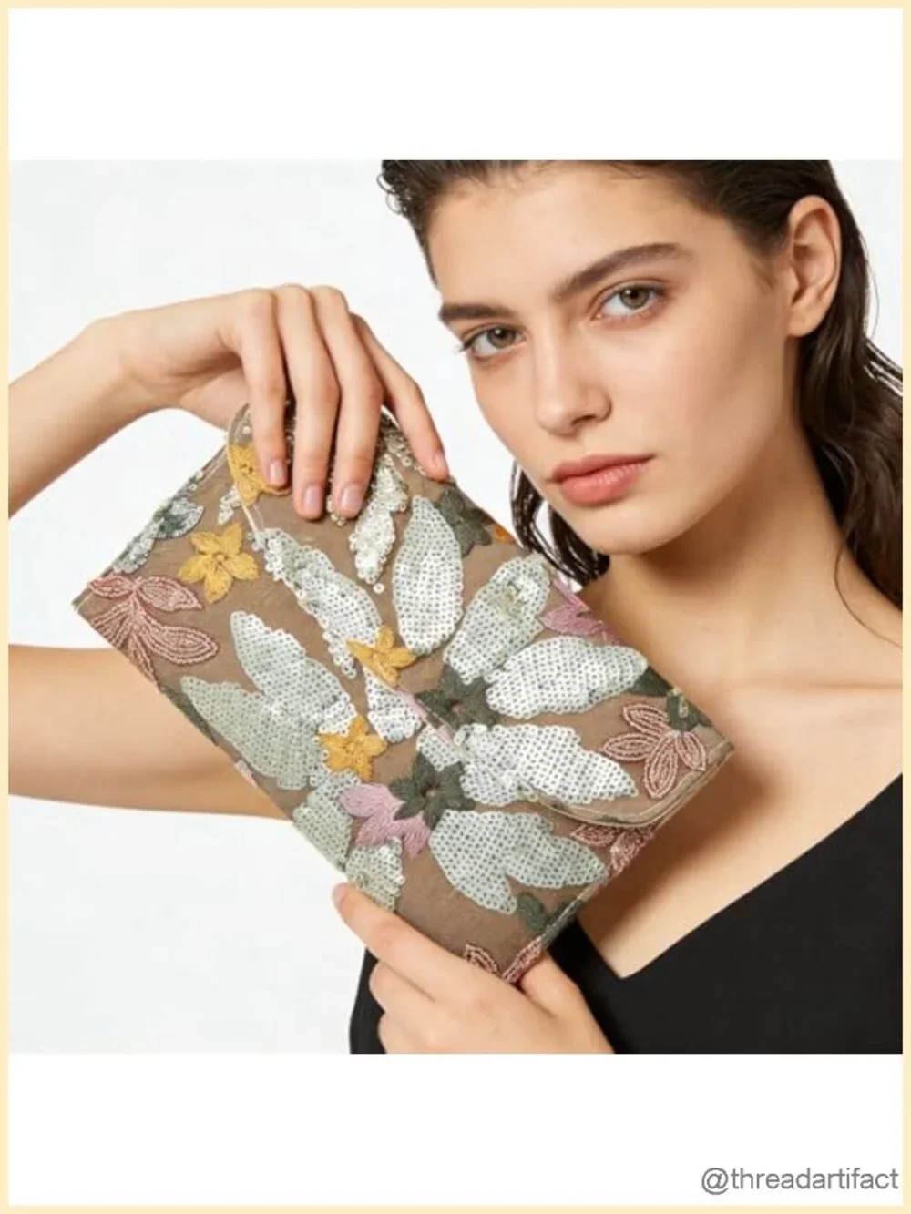 Floral Embroidery Sequin Clutch Beaded Evening Bag for Wedding Party
